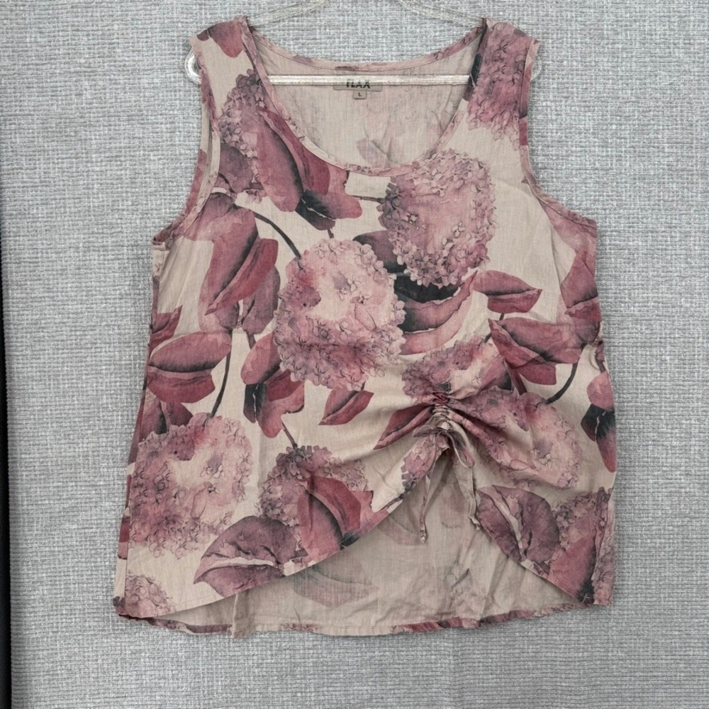 FLAX Floral Linen Tank Top Women Large Ruched Cinch Hem Sleeveless Boho Cottage